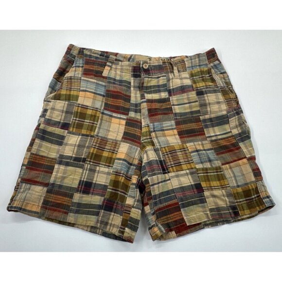 Vintage Duck Head Shorts Mens 34 Tan Madras Plaid Cotton Chino Patchwork Y2K - Picture 1 of 15